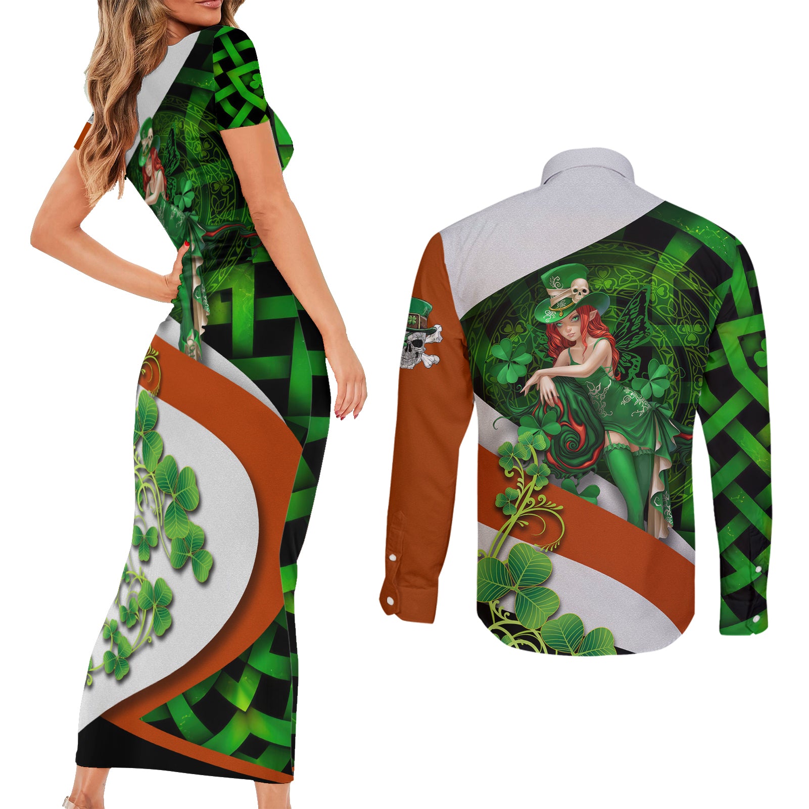 Patrick Day - Irish Cross - Lucky Girl Couples Matching Short Sleeve Bodycon Dress and Long Sleeve Button Shirt - Wonder Print Shop