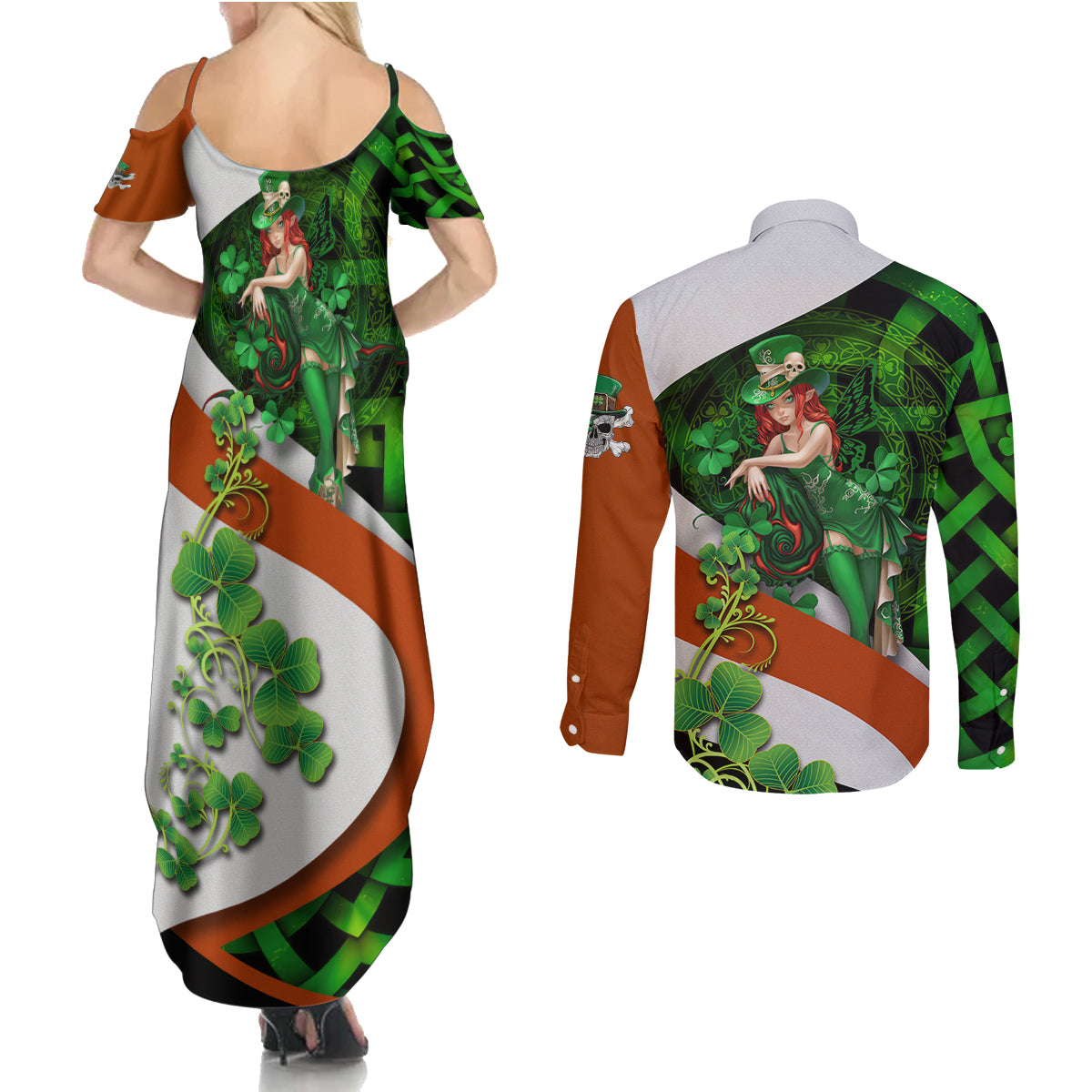 Patrick Day - Irish Cross - Lucky Girl Couples Matching Summer Maxi Dress and Long Sleeve Button Shirt - Wonder Print Shop