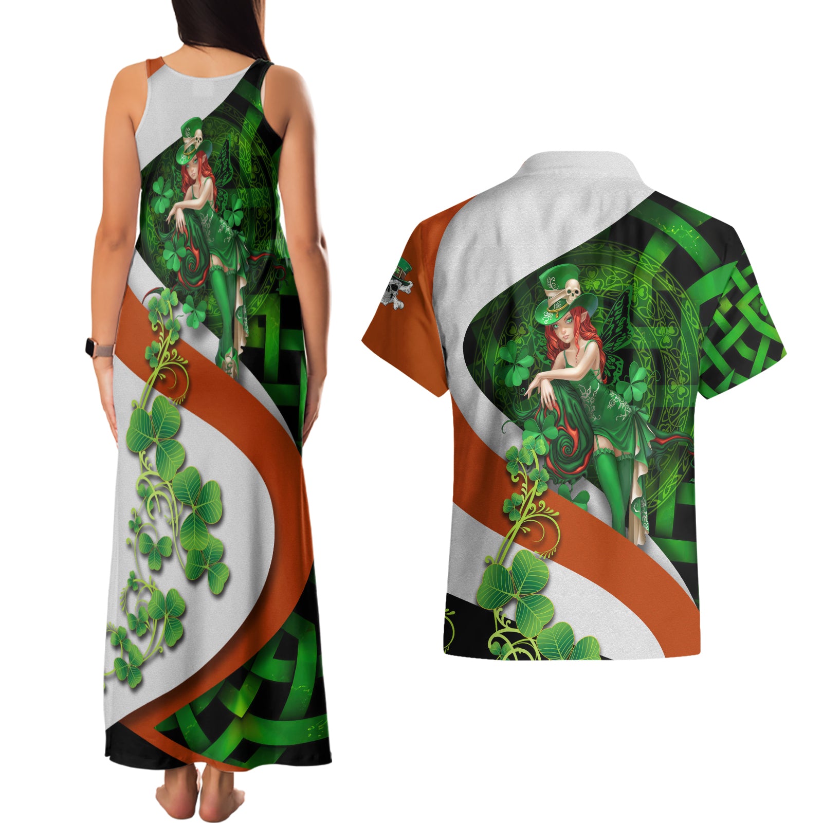 Patrick Day - Irish Cross - Lucky Girl Couples Matching Tank Maxi Dress and Hawaiian Shirt - Wonder Print Shop