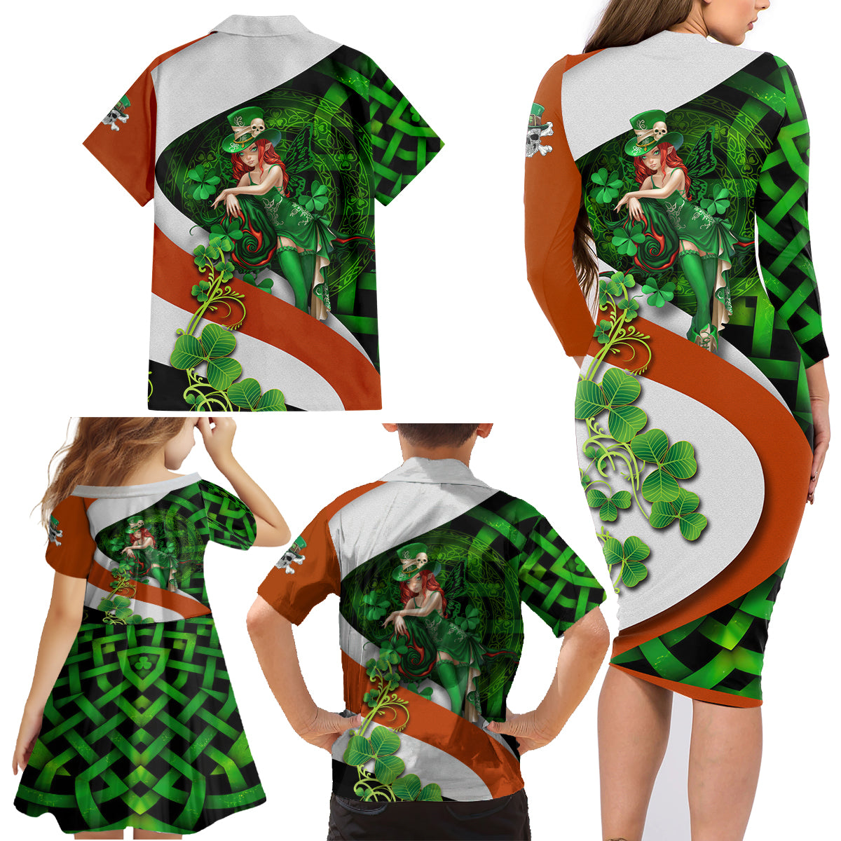 Patrick Day - Irish Cross - Lucky Girl Family Matching Long Sleeve Bodycon Dress and Hawaiian Shirt - Wonder Print Shop