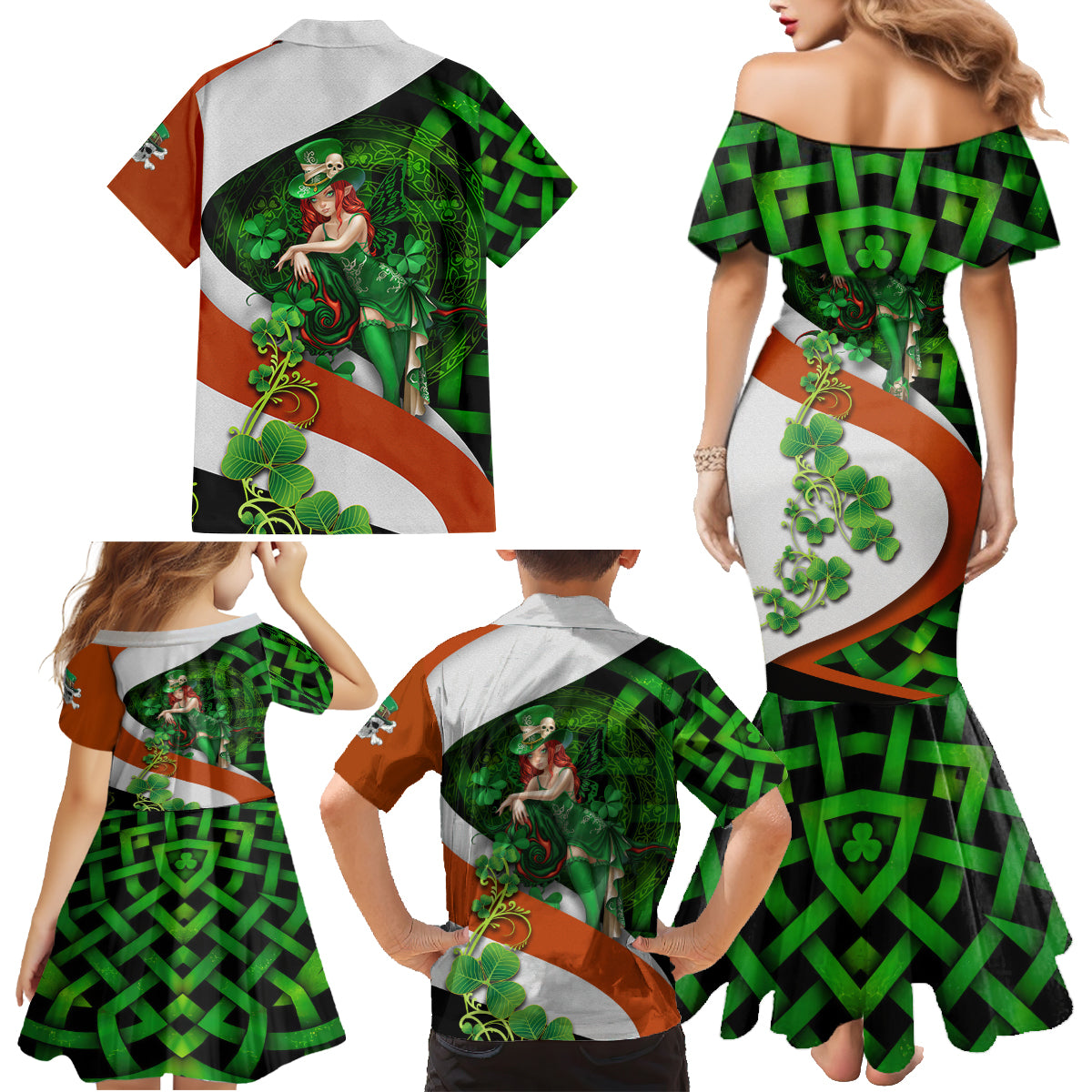 Patrick Day - Irish Cross - Lucky Girl Family Matching Mermaid Dress and Hawaiian Shirt - Wonder Print Shop