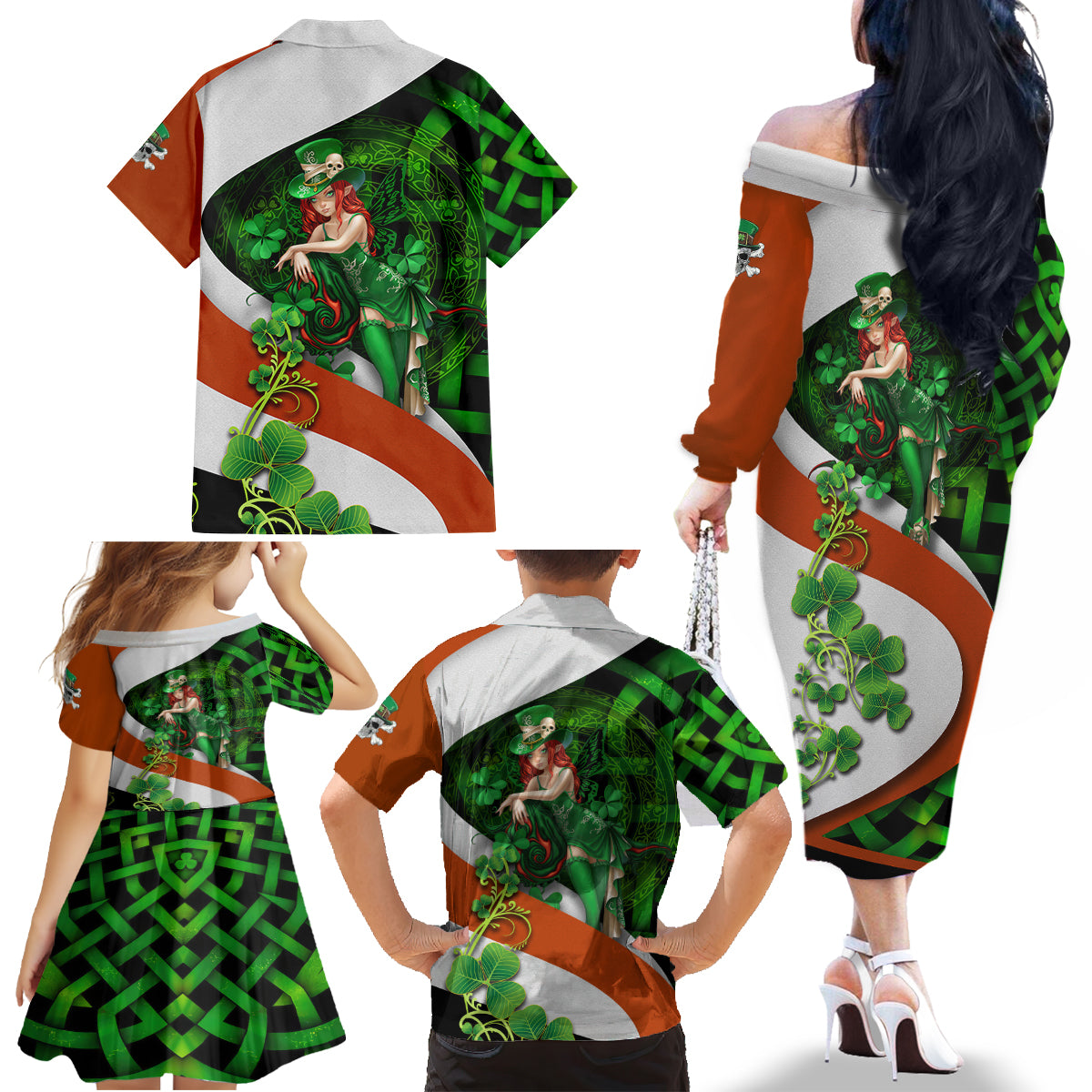 Patrick Day - Irish Cross - Lucky Girl Family Matching Off Shoulder Long Sleeve Dress and Hawaiian Shirt - Wonder Print Shop