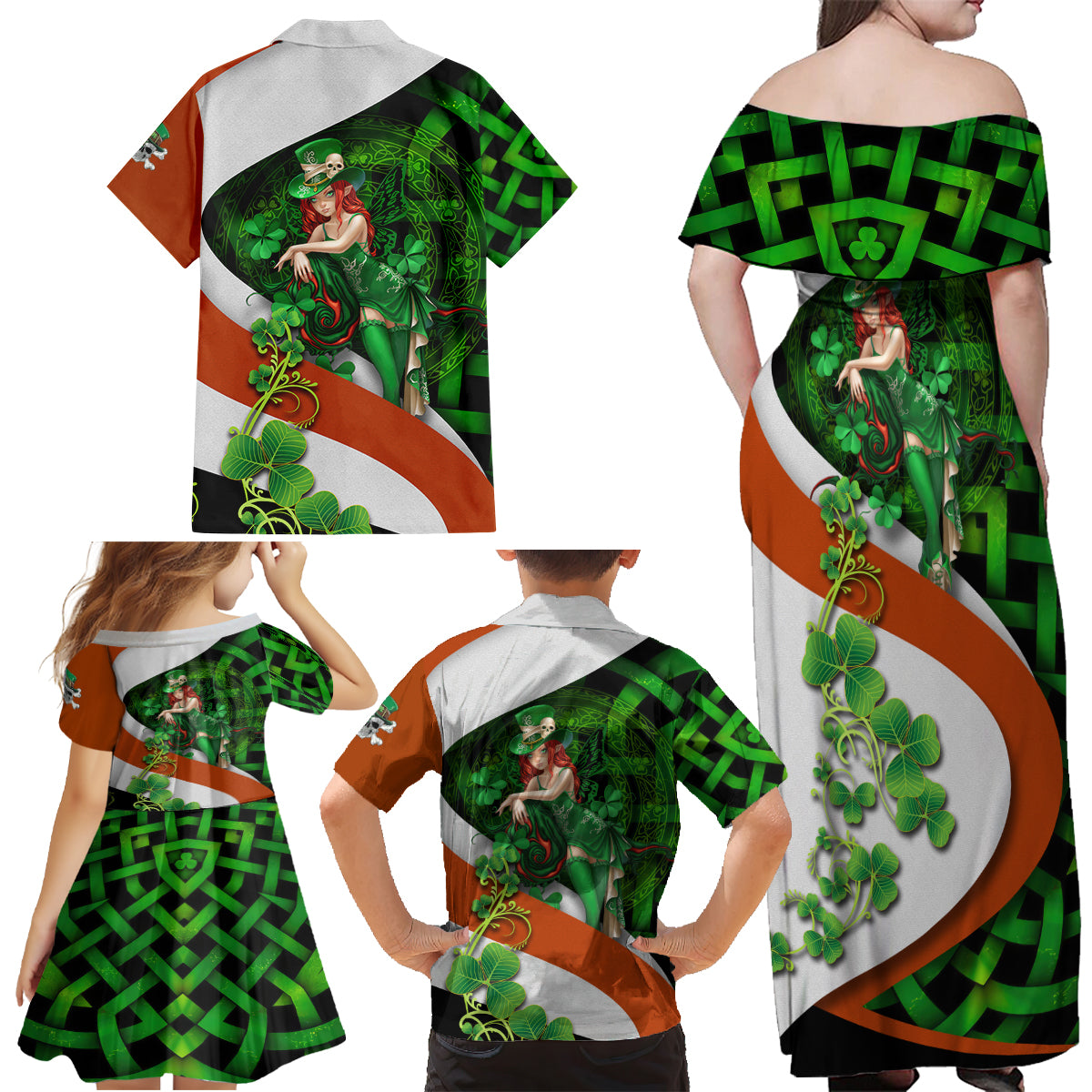 Patrick Day - Irish Cross - Lucky Girl Family Matching Off Shoulder Maxi Dress and Hawaiian Shirt - Wonder Print Shop