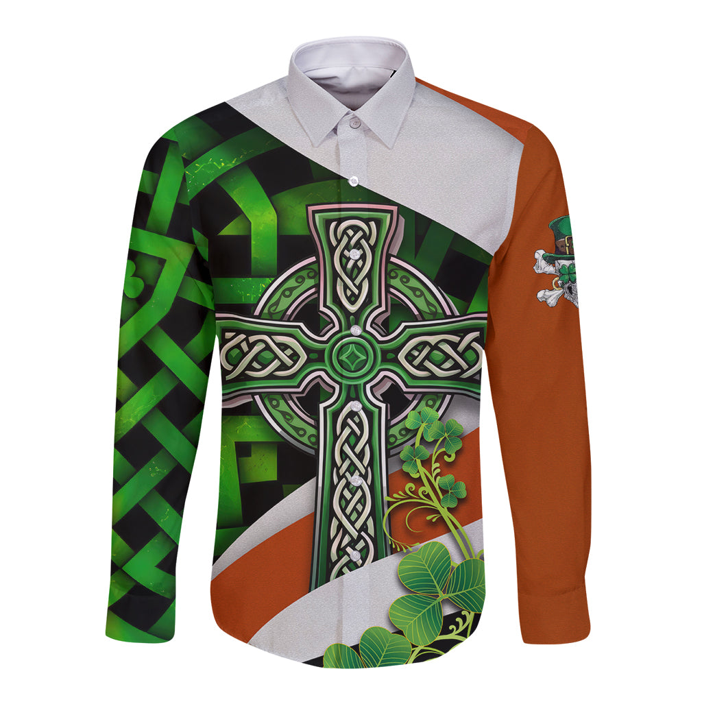 Long-sleeve button shirt with green/orange celtic cross front and shamrock sleeve print