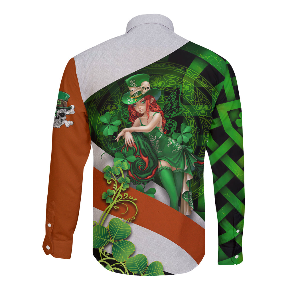 Long-sleeve button shirt with green/orange celtic cross, shamrocks and lady print
