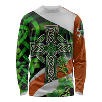 Multicolor long-sleeve shirt with large Celtic cross, clovers, and check pattern, crew neck.