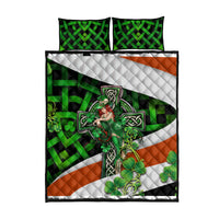 Quilt bed set with green, orange, and white Irish cross clover lady motif and two pillows