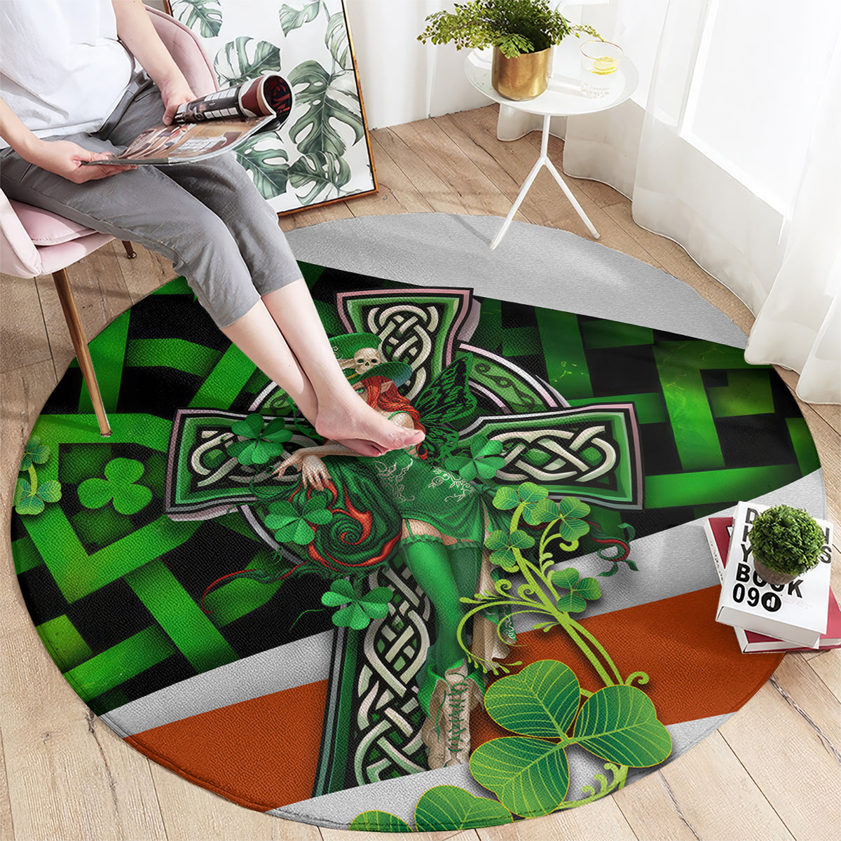 Round carpet featuring Irish cross artwork with clover leaves and Celtic knotwork, green orange