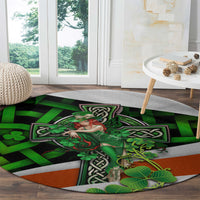 Round carpet with Irish cross center design, clover leaves and green Celtic knotwork