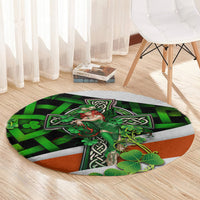 Round carpet with Irish cross artwork, green clovers, Celtic knot pattern and orange stripe