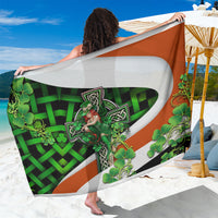 Lucky girl sarong with green clover and Celtic cross graphic, orange and white border