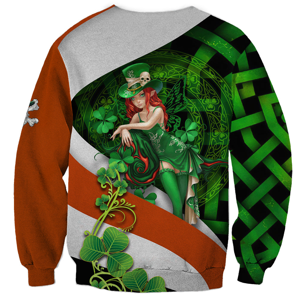 Unisex sweatshirt with green/black cross and clover graphic, gray body and orange sleeves