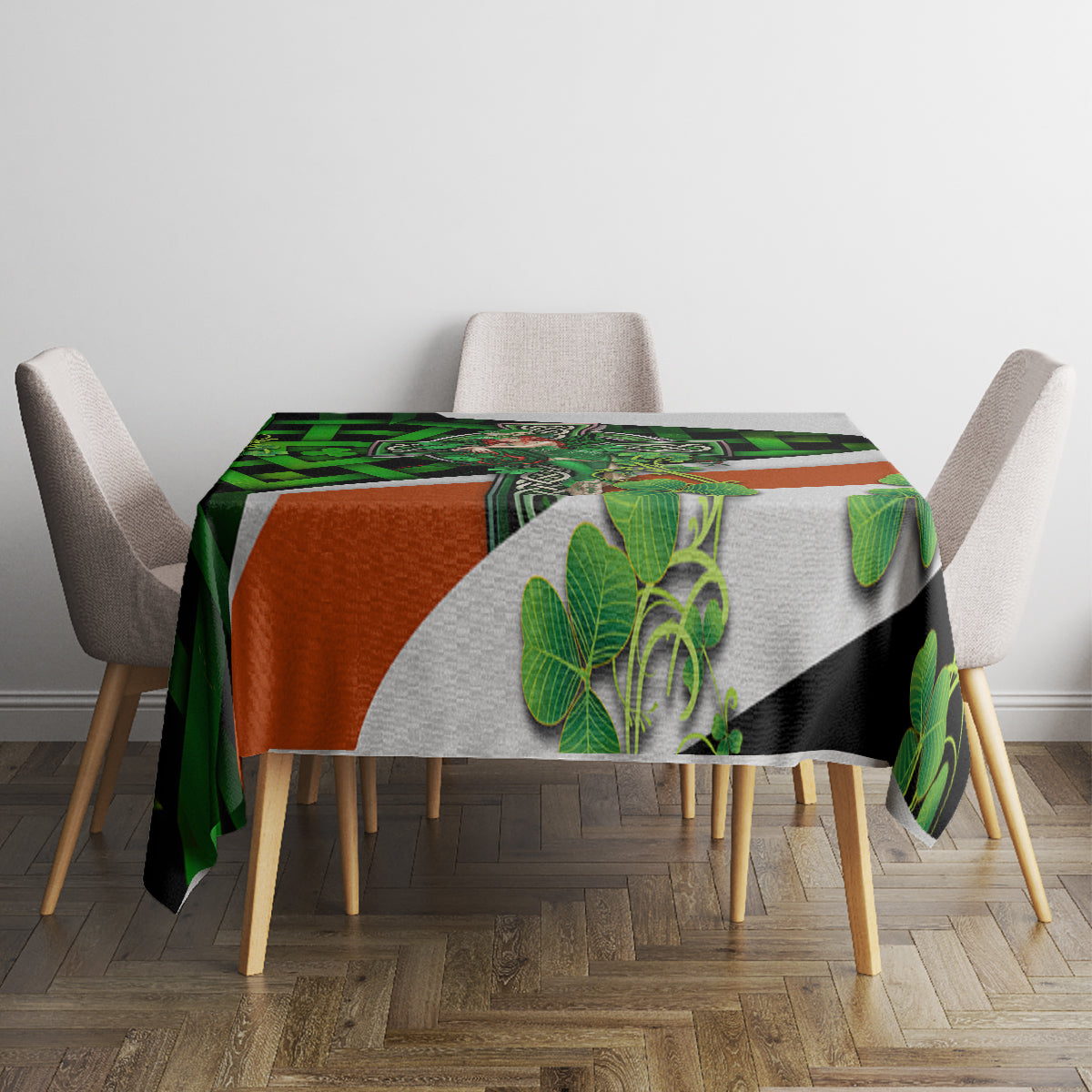 Decorative rectangular tablecloth with green shamrock and Celtic knot pattern over table