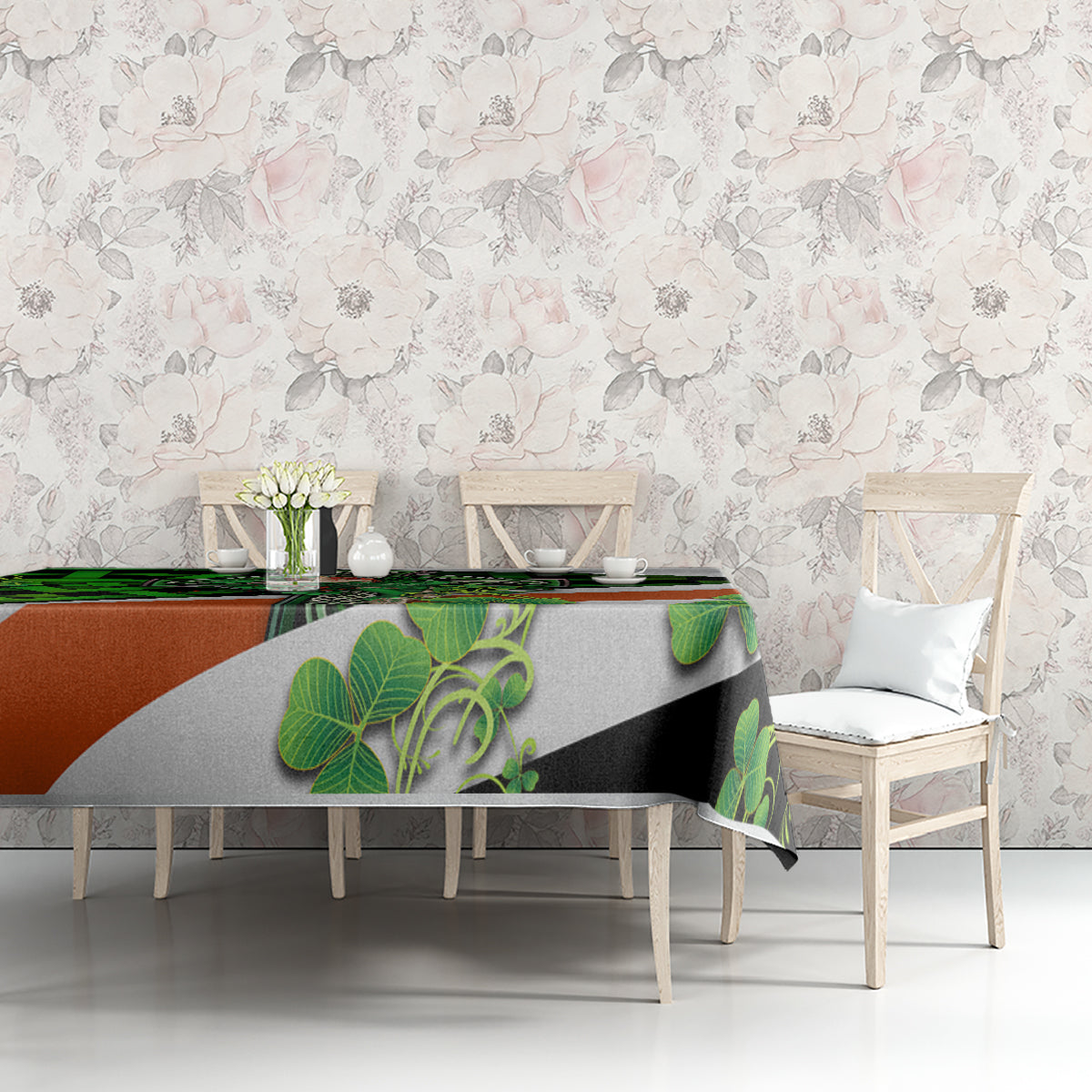 Decorative tablecloth with green shamrocks and Celtic pattern on orange and gray