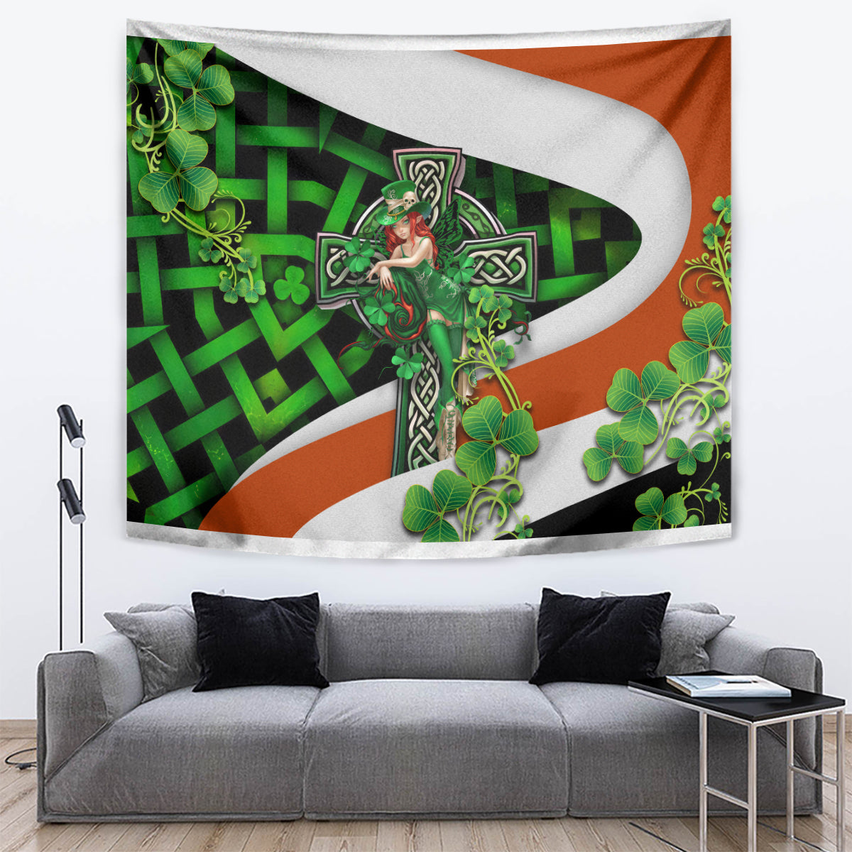 St. Patrick’s Day tapestry featuring a green Irish cross with clover and Trinity knot design