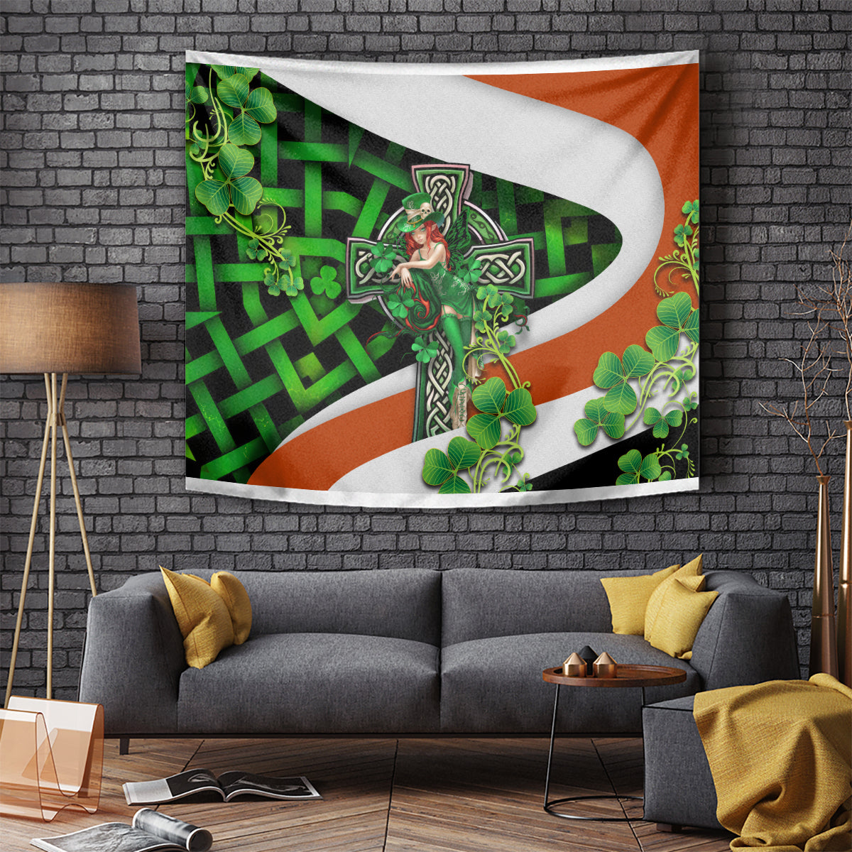 Irish cross wall tapestry with green clovers and Trinity knot pattern, multicolor decorative scene