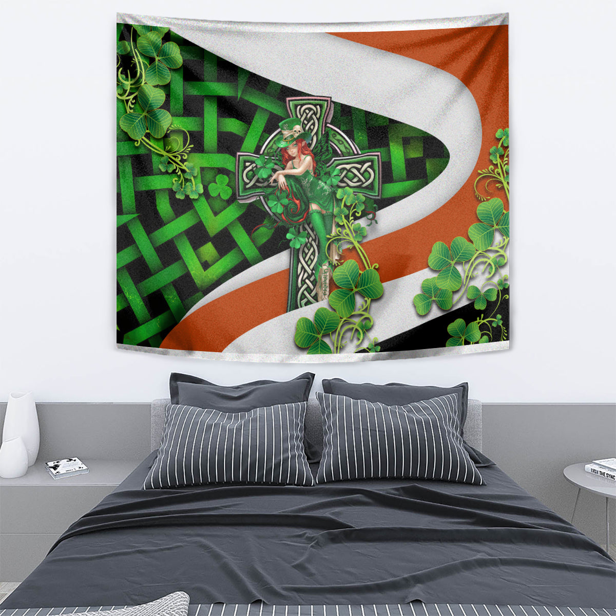 Green Irish cross tapestry with clover motifs and Trinity knot details in multicolor print