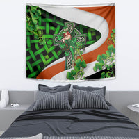 Green Irish cross tapestry with clover motifs and Trinity knot details in multicolor print