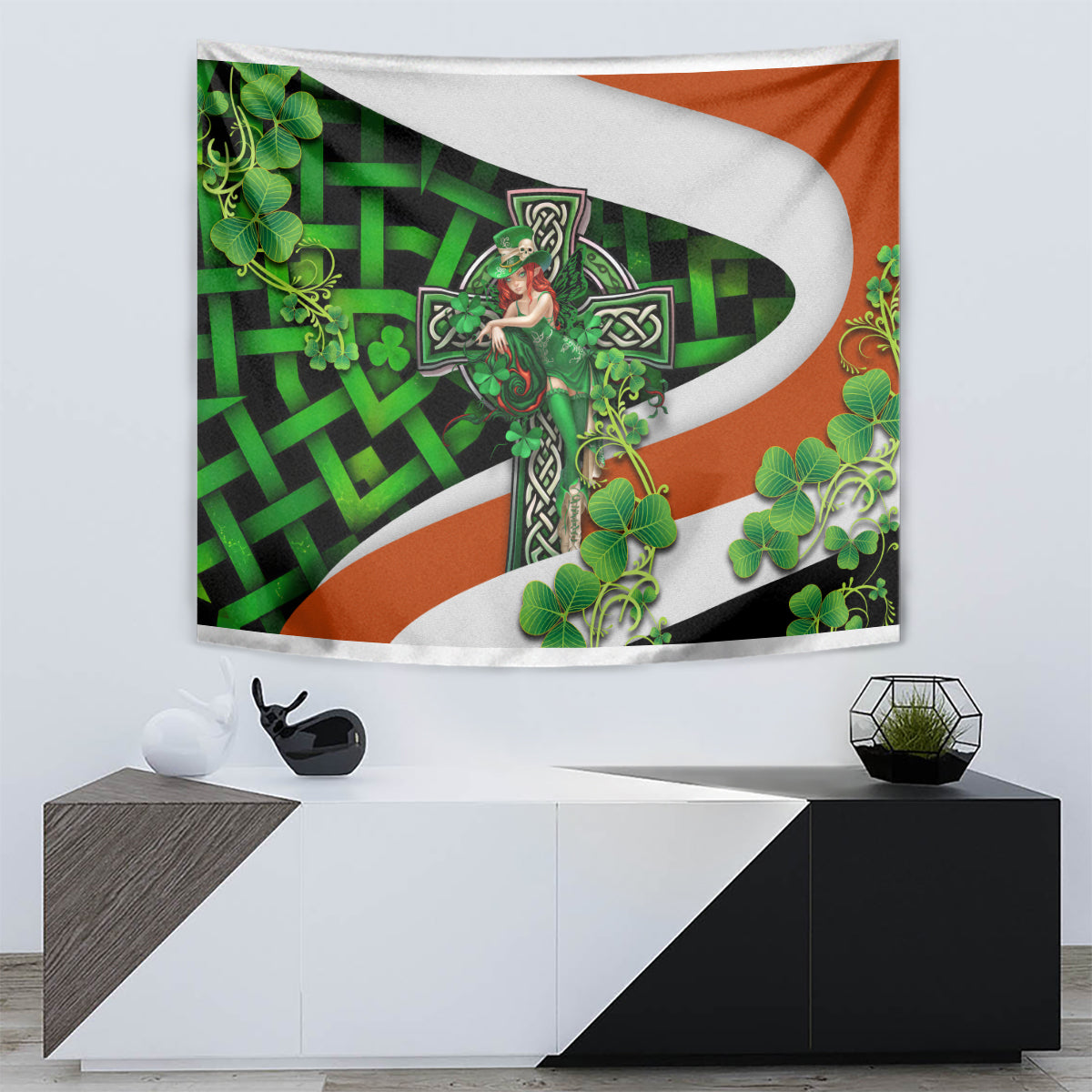 Irish cross tapestry wall hanging with green clovers, orange and white accents, and Trinity knots