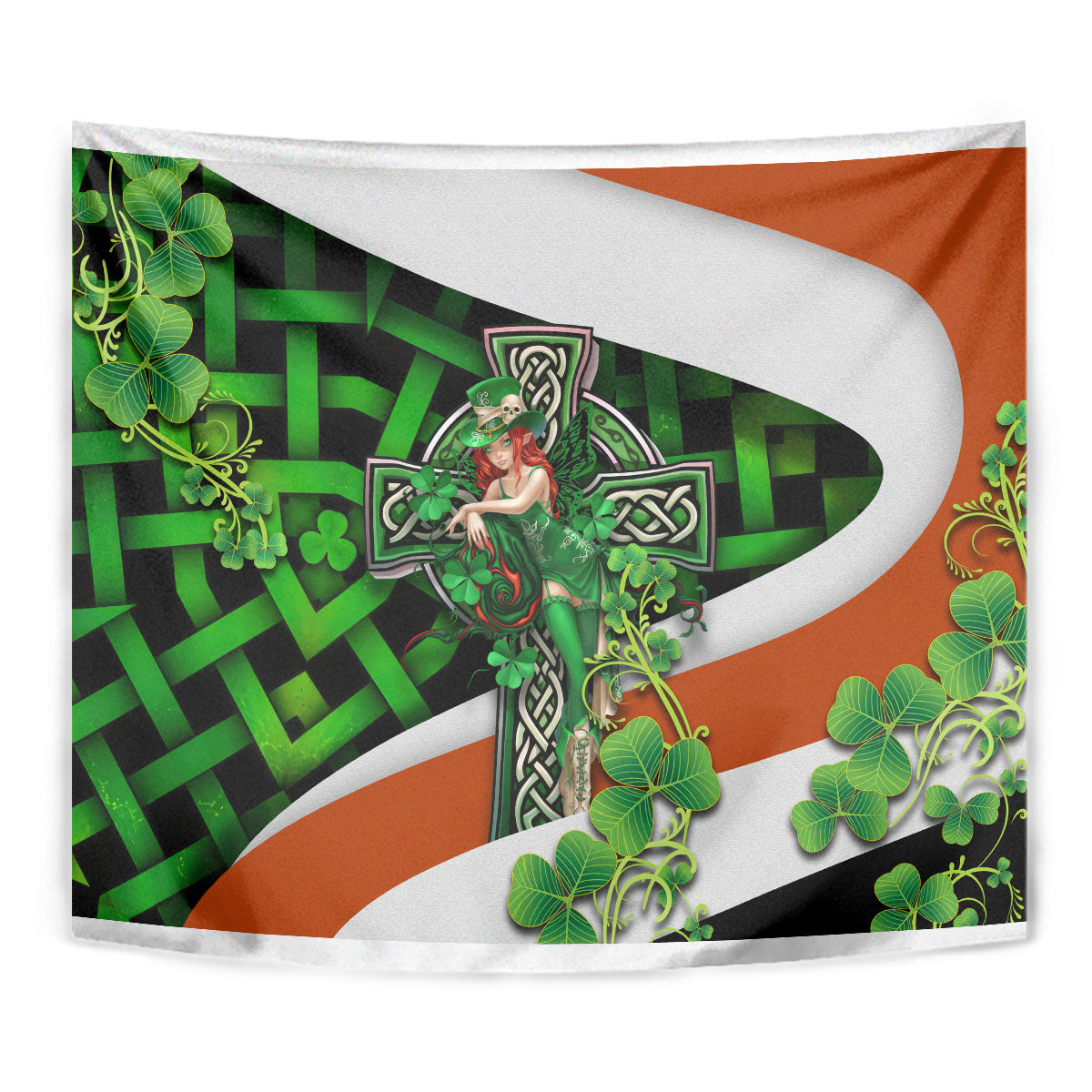 Close-up of Irish cross tapestry with green clovers and Trinity knot center motif in multicolor