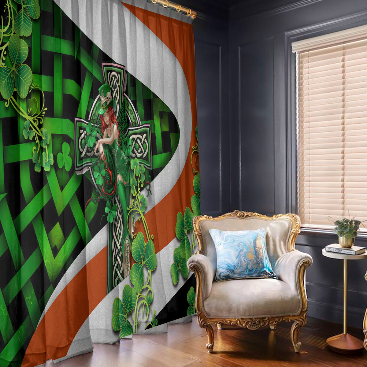 Clover and shamrock motif window curtain with green, orange, and white