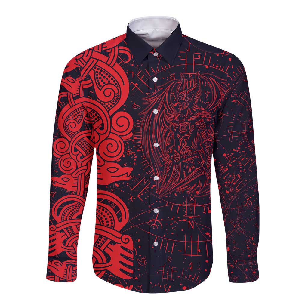 Norse Viking Dragon Long Sleeve Button Shirt Celtic Knotwork and Runic Mythology Art