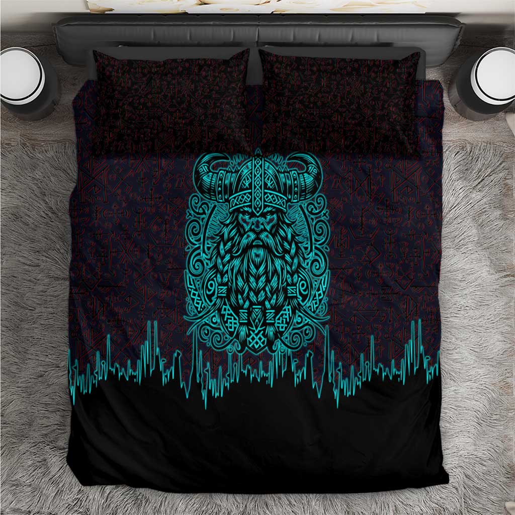 Viking Warrior Helm Bedding Set Neon Tribal Linework and Runic Pattern Art