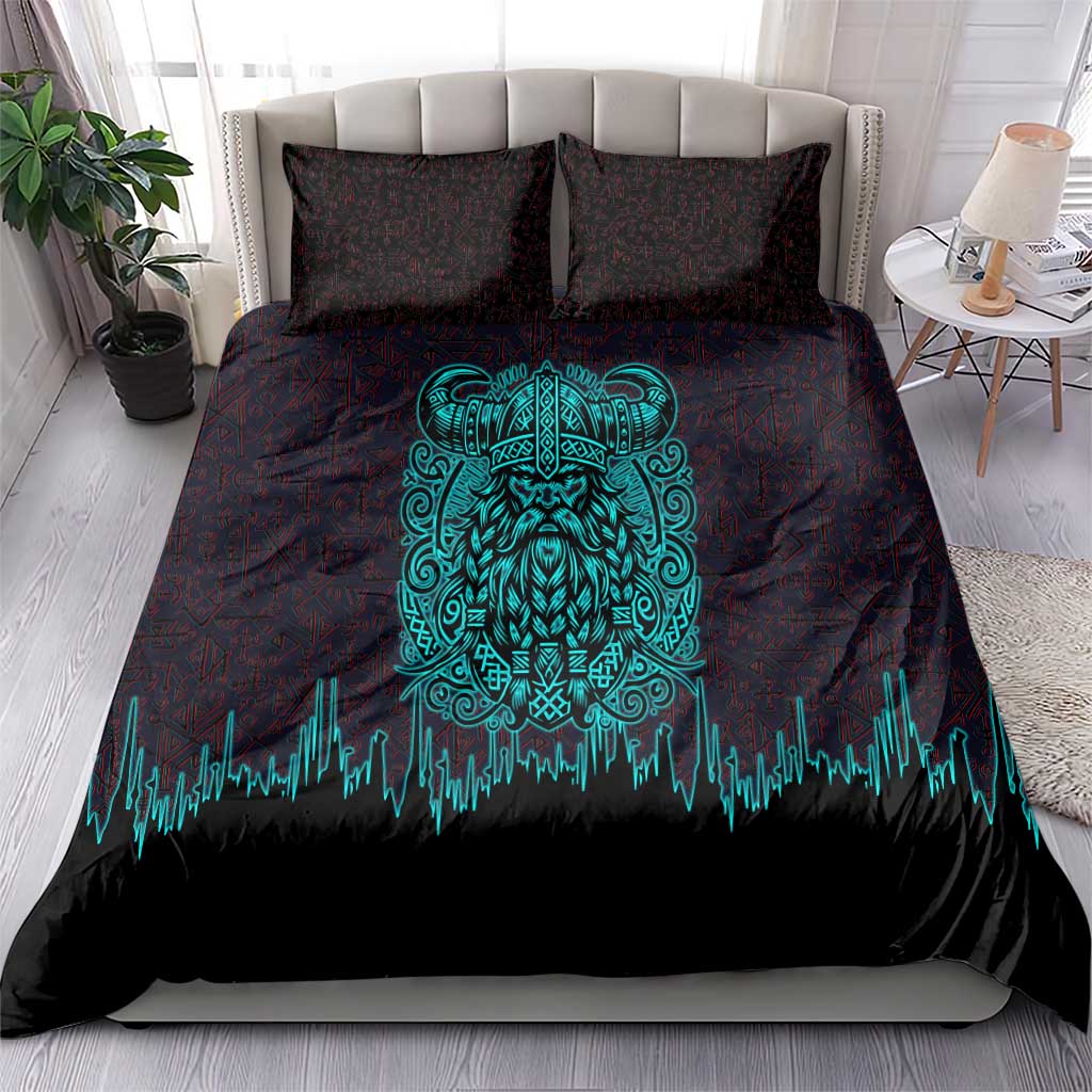 Viking Warrior Helm Bedding Set Neon Tribal Linework and Runic Pattern Art