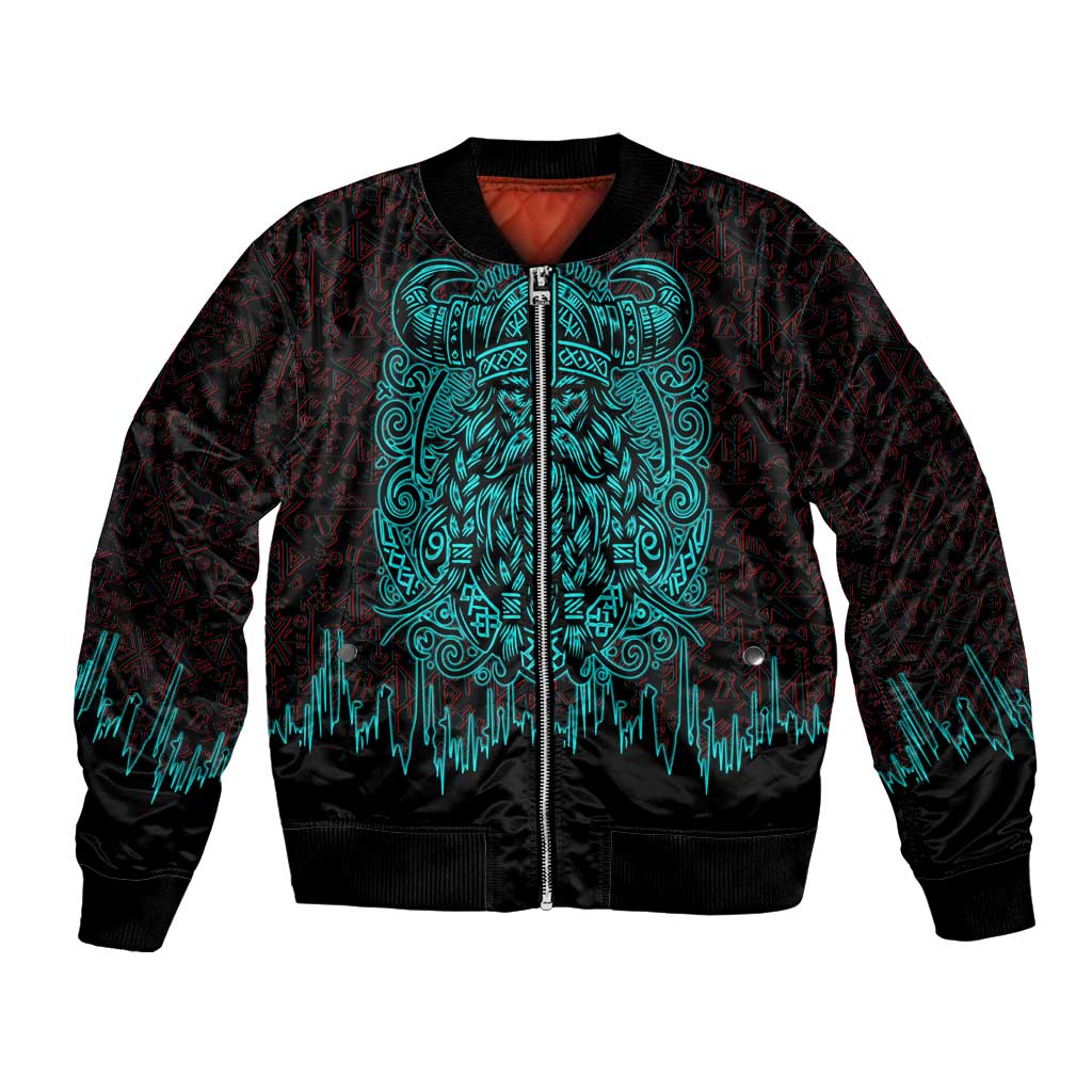 Viking Warrior Helm Bomber Jacket Neon Tribal Linework and Runic Pattern Art