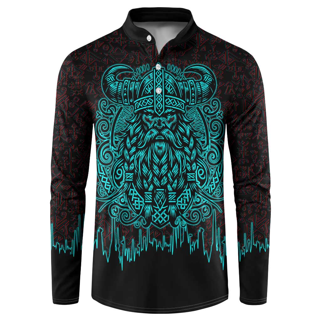 Viking Warrior Helm Button Sweatshirt Neon Tribal Linework and Runic Pattern Art