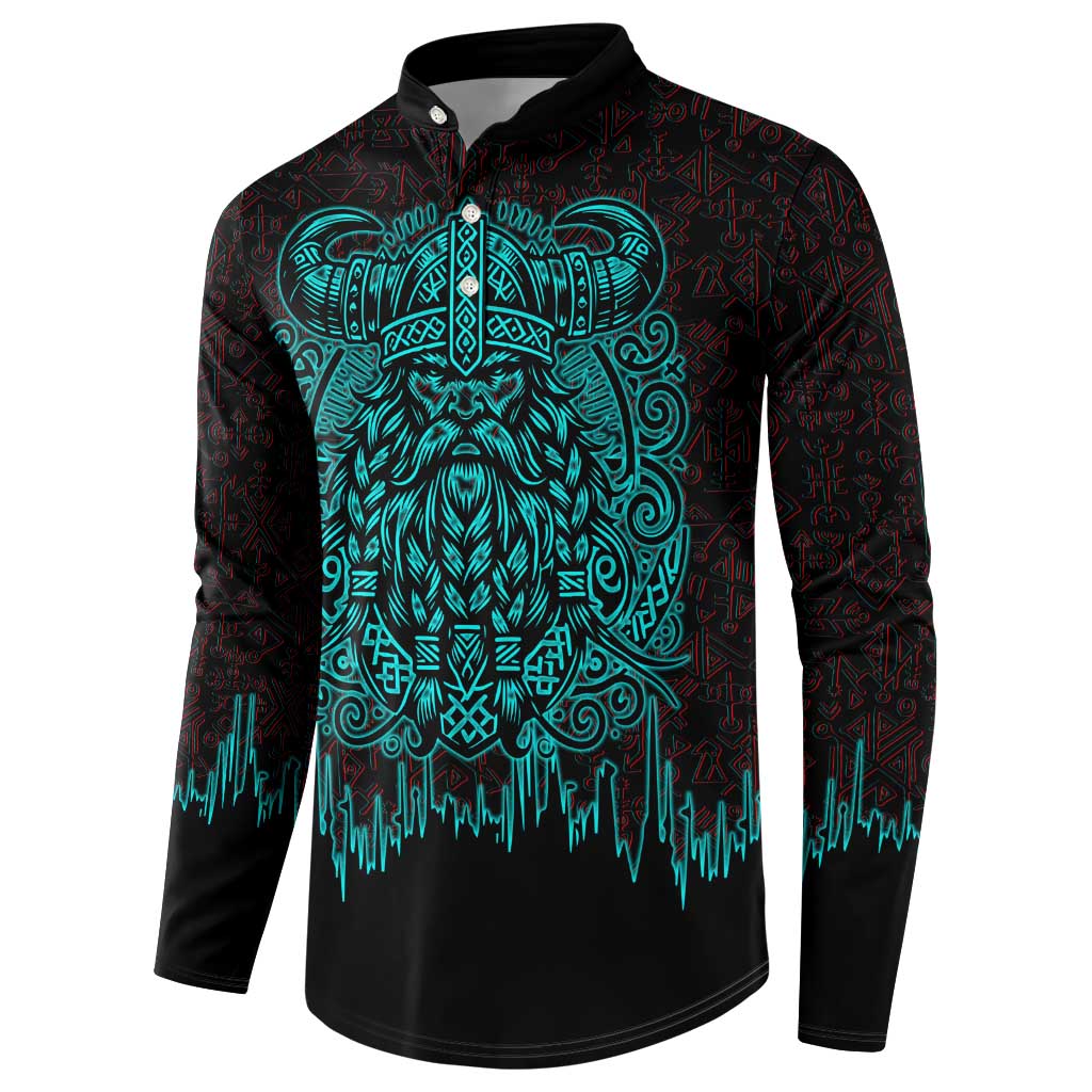 Viking Warrior Helm Button Sweatshirt Neon Tribal Linework and Runic Pattern Art