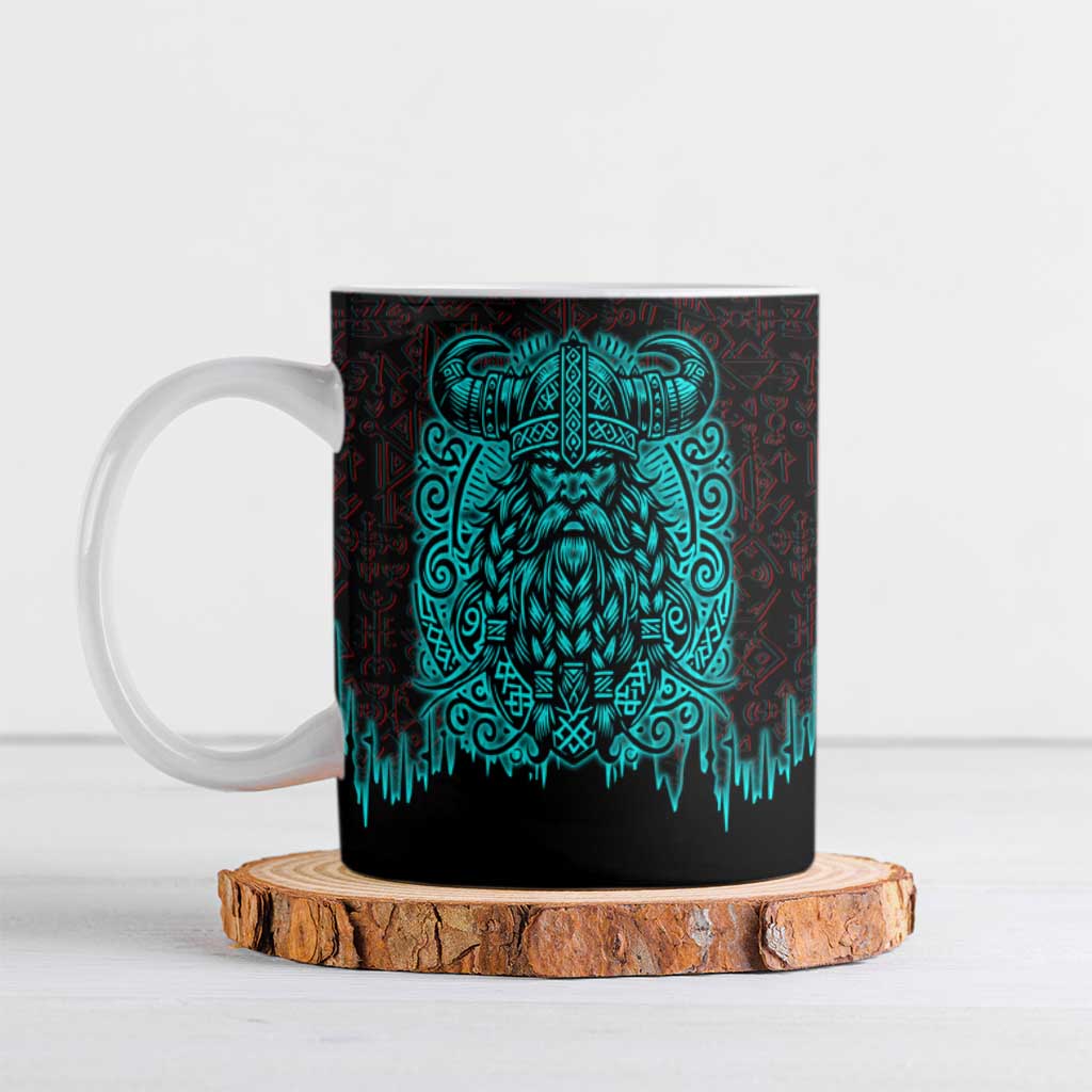 Viking Warrior Helm Ceramic Mug Neon Tribal Linework and Runic Pattern Art