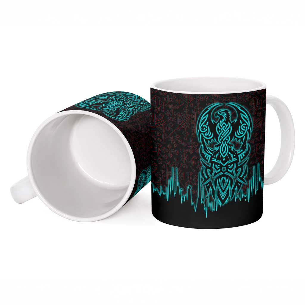 Viking Warrior Helm Ceramic Mug Neon Tribal Linework and Runic Pattern Art