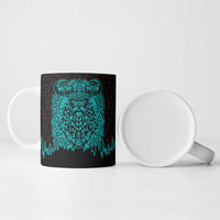 Viking Warrior Helm Ceramic Mug Neon Tribal Linework and Runic Pattern Art