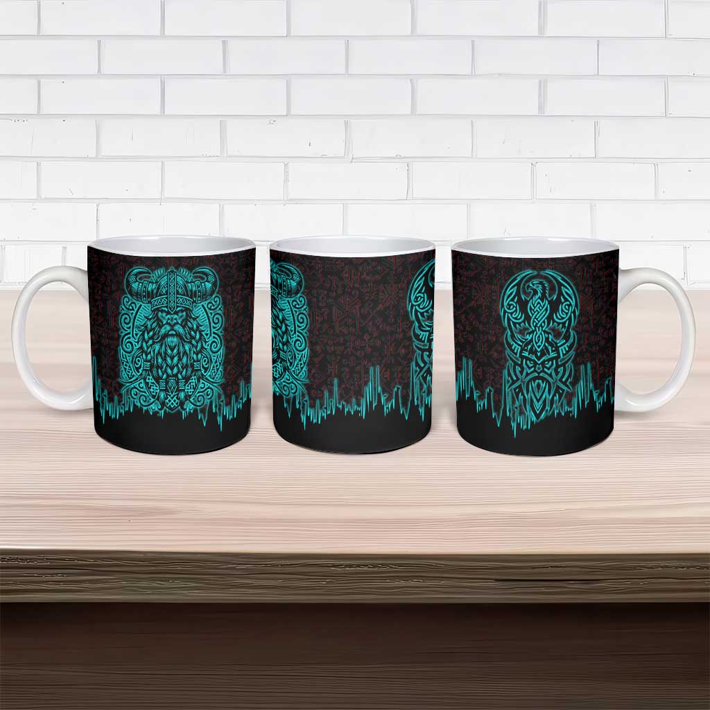 Viking Warrior Helm Ceramic Mug Neon Tribal Linework and Runic Pattern Art