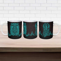 Viking Warrior Helm Ceramic Mug Neon Tribal Linework and Runic Pattern Art