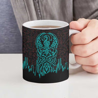 Viking Warrior Helm Ceramic Mug Neon Tribal Linework and Runic Pattern Art