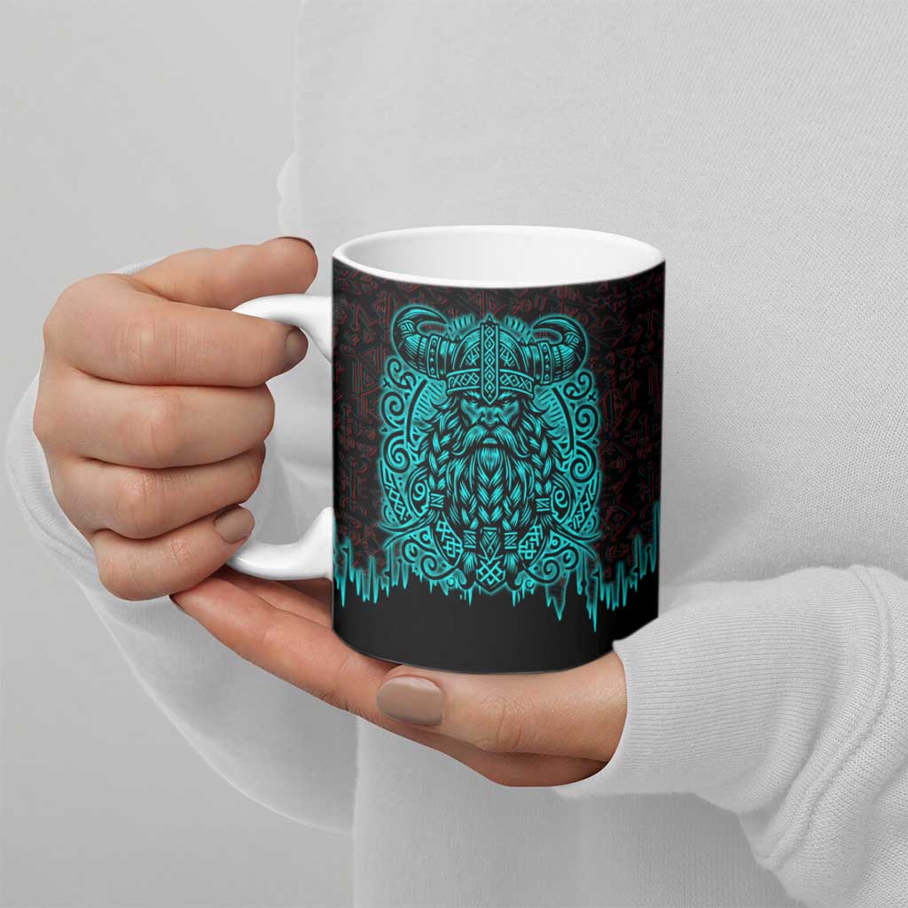Viking Warrior Helm Ceramic Mug Neon Tribal Linework and Runic Pattern Art