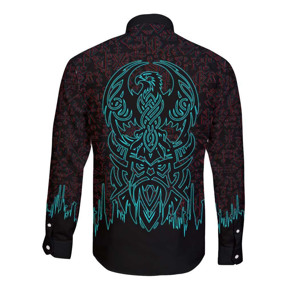 Viking Warrior Helm Long Sleeve Button Shirt Neon Tribal Linework and Runic Pattern Art