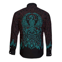 Viking Warrior Helm Long Sleeve Button Shirt Neon Tribal Linework and Runic Pattern Art