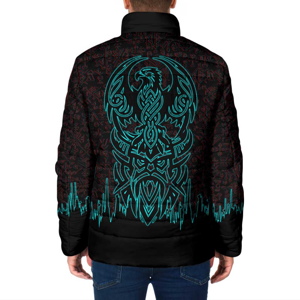 Viking Warrior Helm Padded Jacket Neon Tribal Linework and Runic Pattern Art