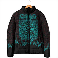 Viking Warrior Helm Padded Jacket Neon Tribal Linework and Runic Pattern Art