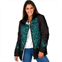Viking Warrior Helm Padded Jacket Neon Tribal Linework and Runic Pattern Art
