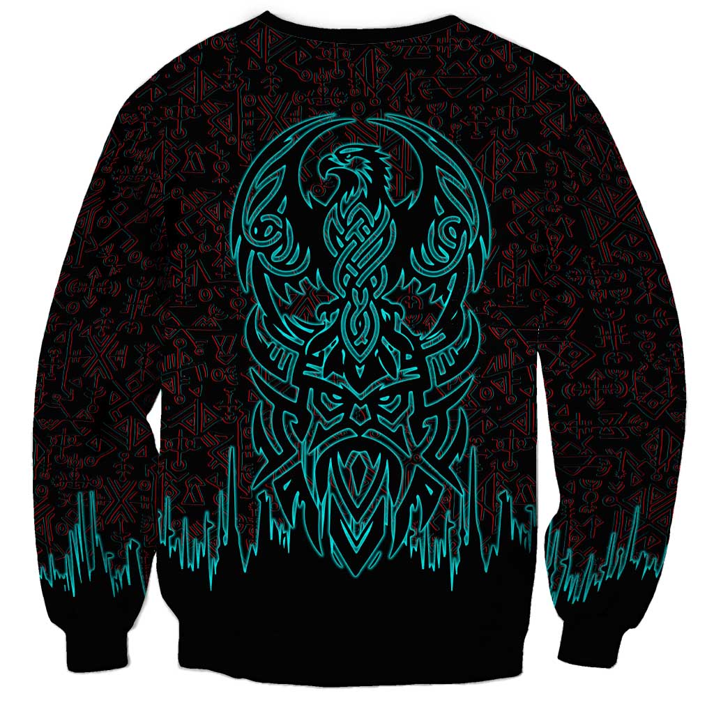 Viking Warrior Helm Sweatshirt Neon Tribal Linework and Runic Pattern Art