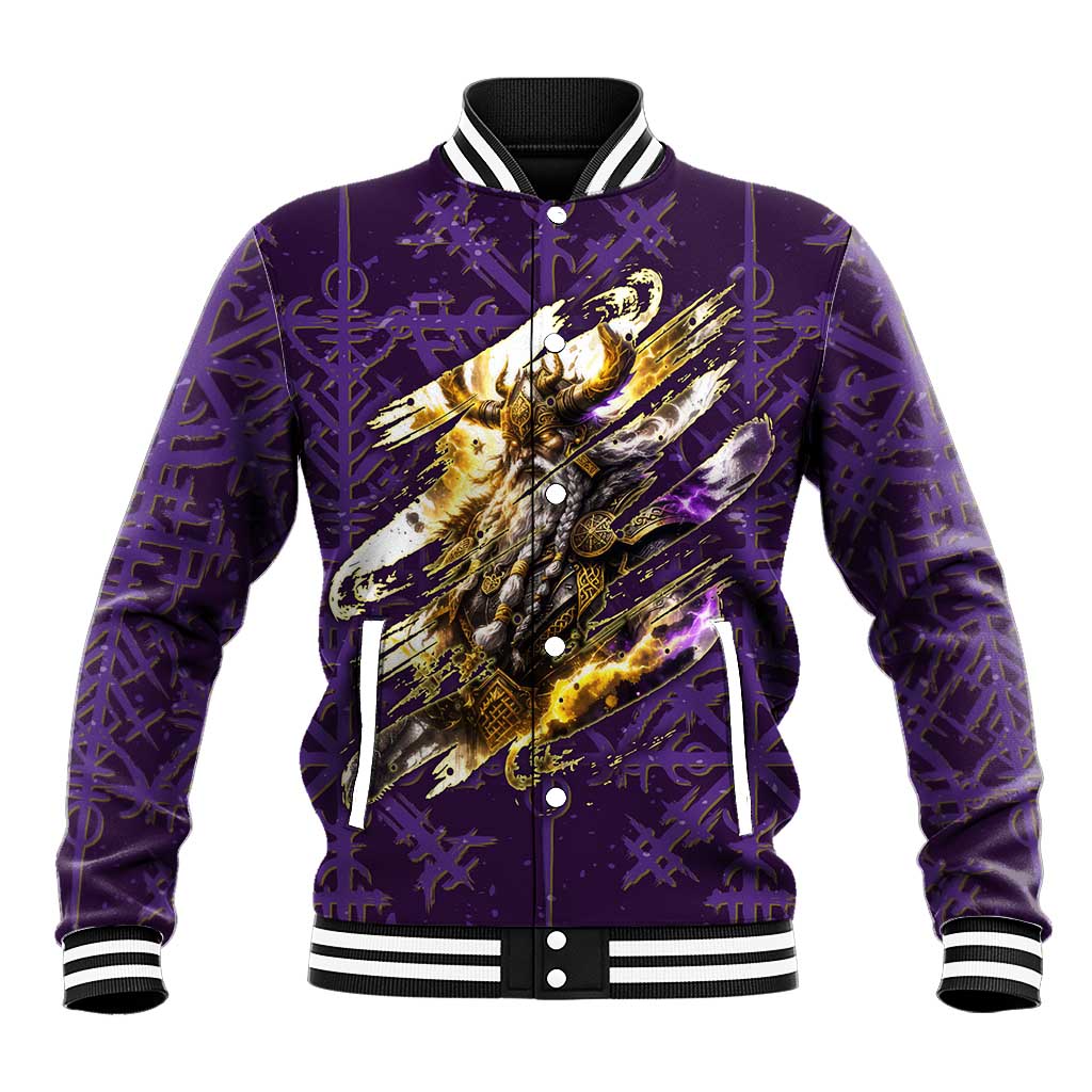 Odin Allfather Viking Baseball Jacket Epic Norse Mythology Illustration with Runic Circle Art