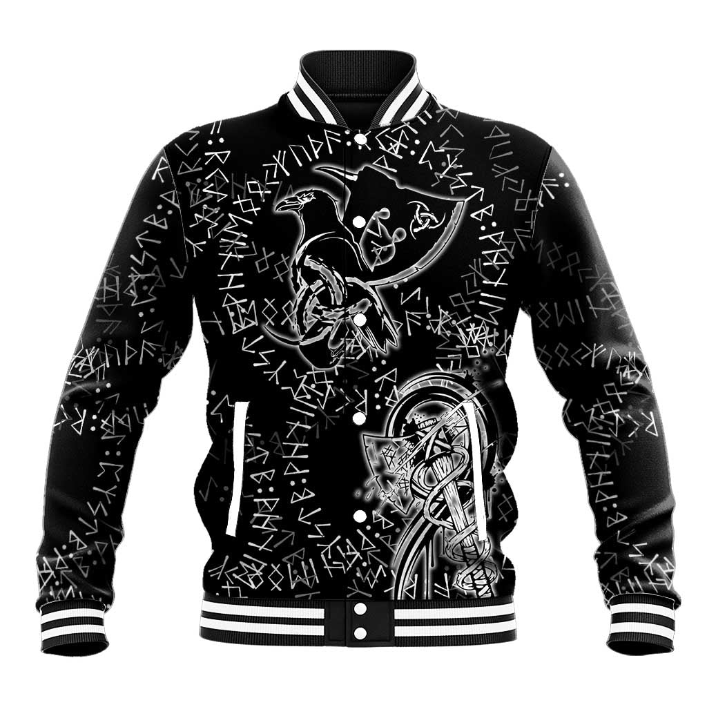 Norse Dragon and Viking Axe Baseball Jacket Monochrome Runic Line Art Illustration