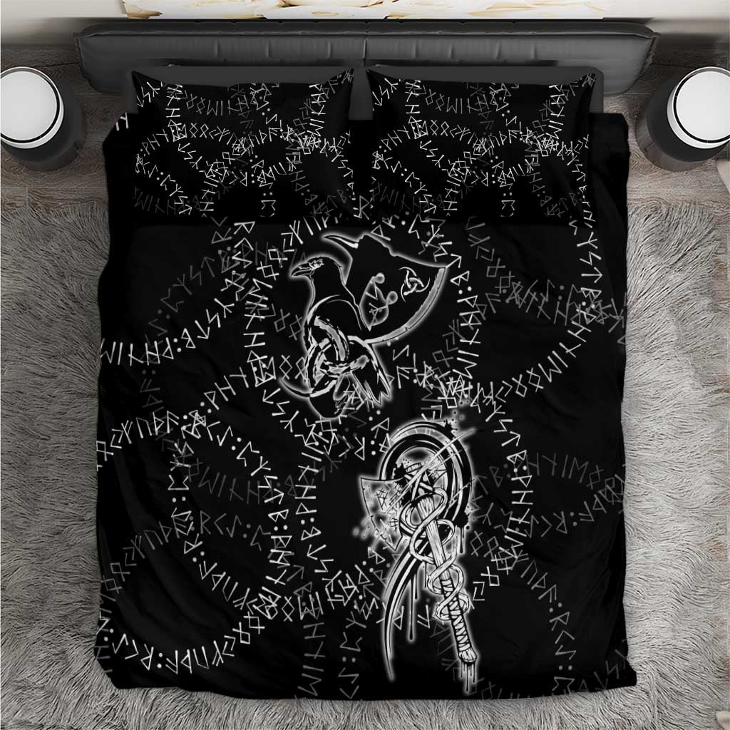 Norse Dragon and Viking Axe Bedding Set Monochrome Runic Line Art Illustration