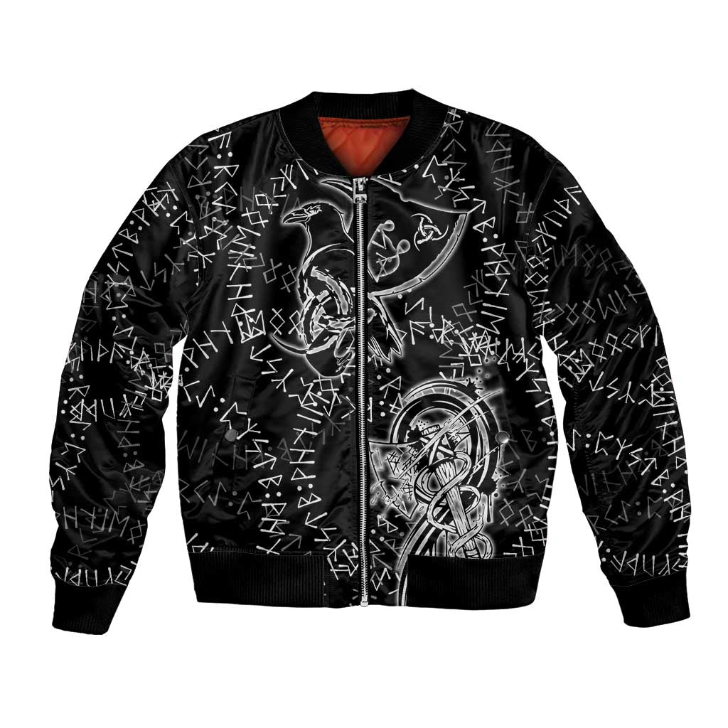Norse Dragon and Viking Axe Bomber Jacket Monochrome Runic Line Art Illustration