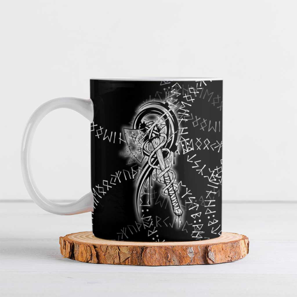 Norse Dragon and Viking Axe Ceramic Mug Monochrome Runic Line Art Illustration