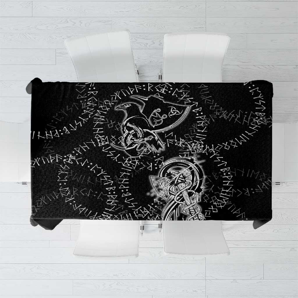 Norse Dragon and Viking Axe Tablecloth Monochrome Runic Line Art Illustration
